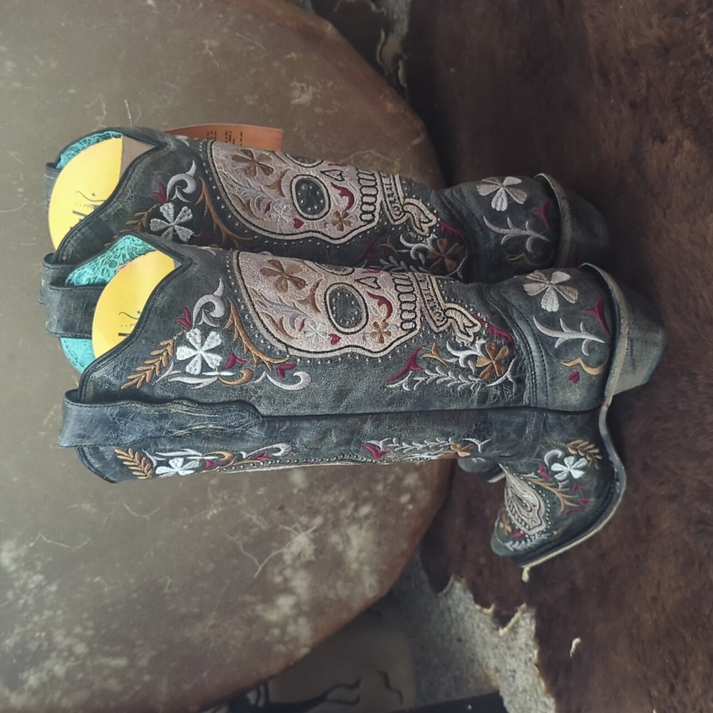 CORRAL E1587 distressed charcoal leather embroidered sugar skull boots sz 7 NWT - Picture 4 of 16